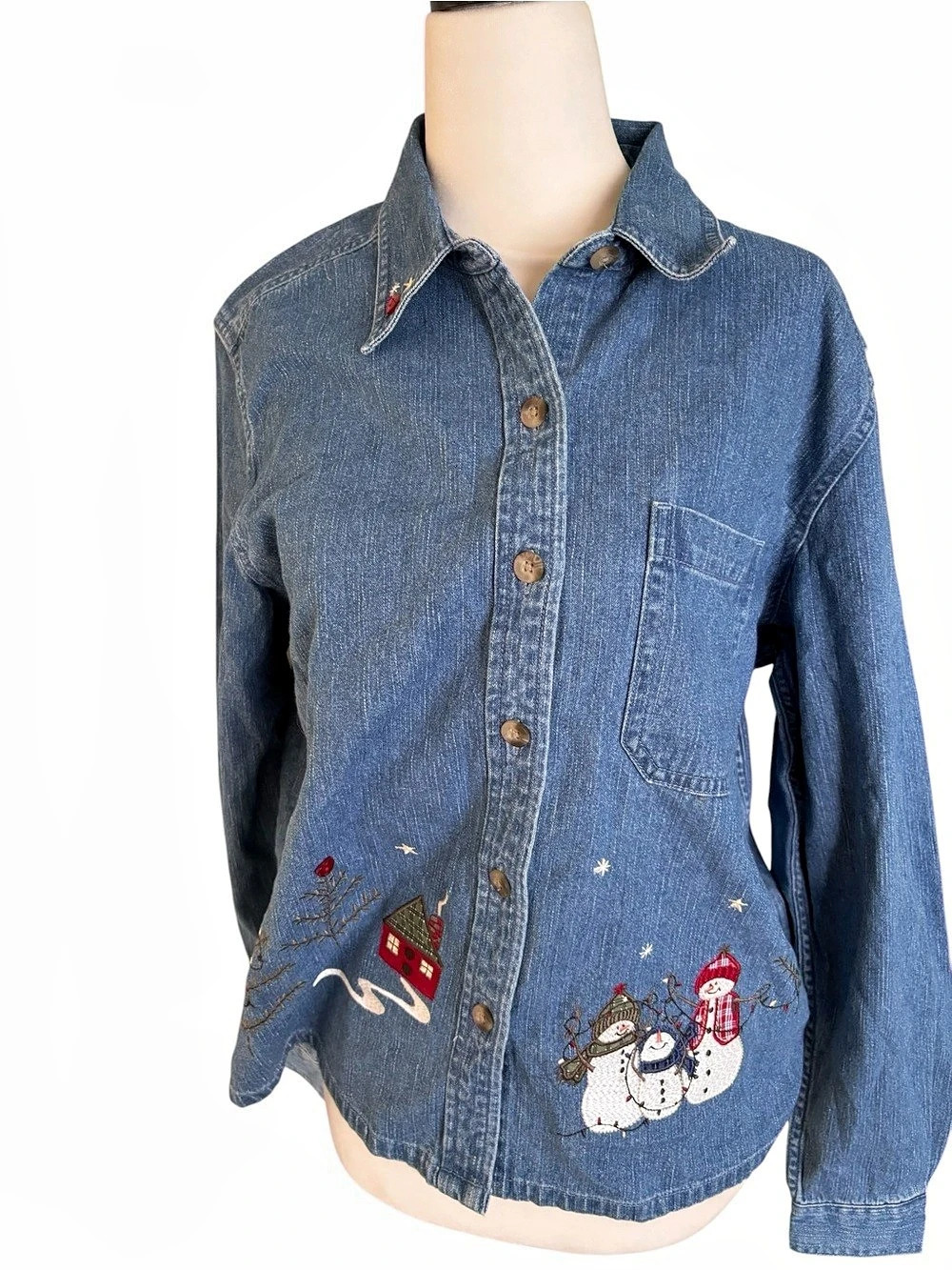 Christopher & Banks Embroidered Christmas Denin snowman button up blouses